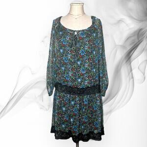 ANNA SUI 100% Silk Retro Dress Drop Waist Floral Sheer Cottagecore Chiffon 4